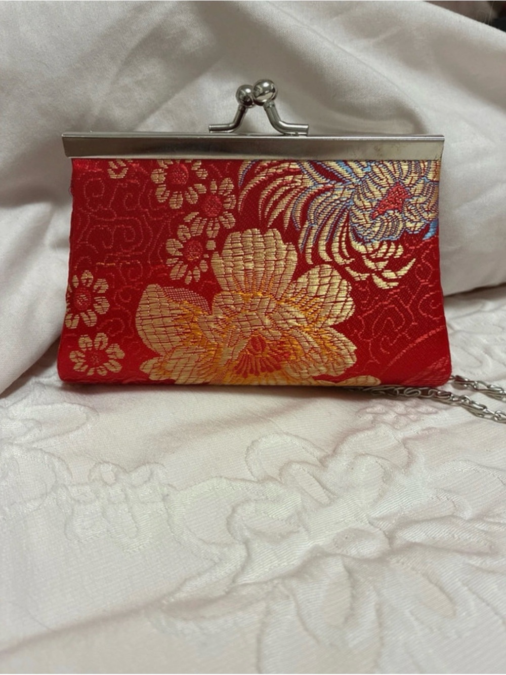 Hand Crafted Red Brocade Floral Clutch with Silver Frame